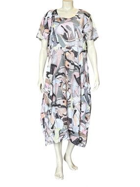 GRIZAS Abstract Print Washed Linen Midi Size 2XL New Short Sleeve Round neckline